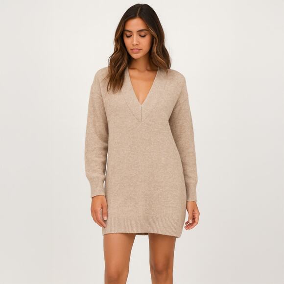 A516 โข Oatmeal V-Neck Long Sleeve Sweater Dress - Picture 1 of 2
